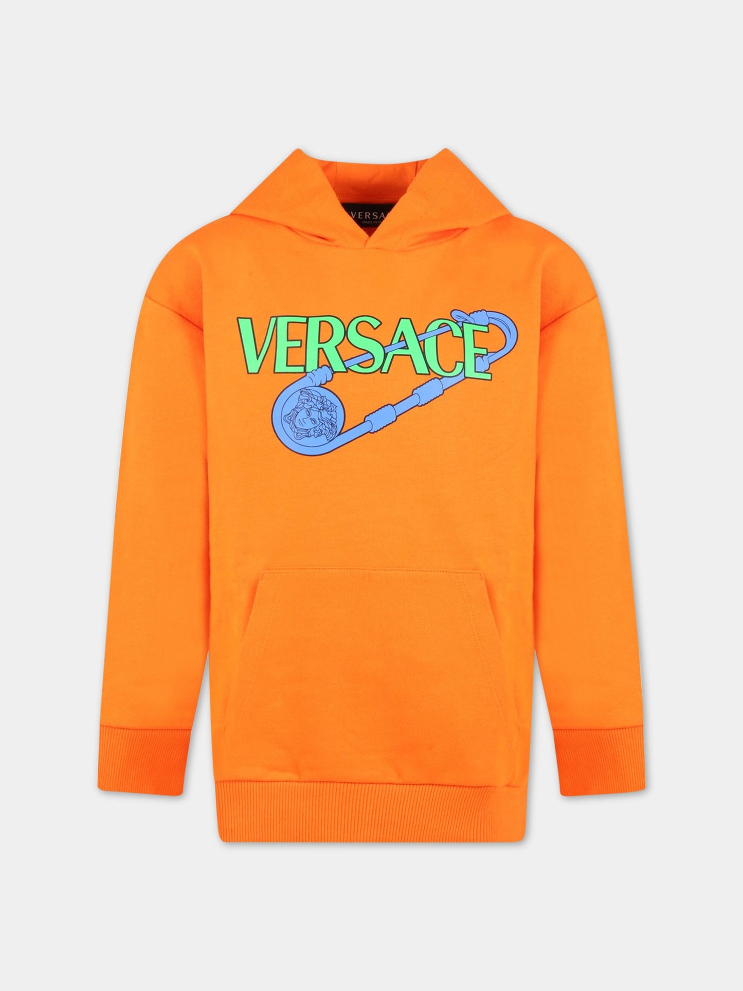Felpa arancione per bambino con logo e Spilla Safety,Versace,1007359 1A04697 2O410