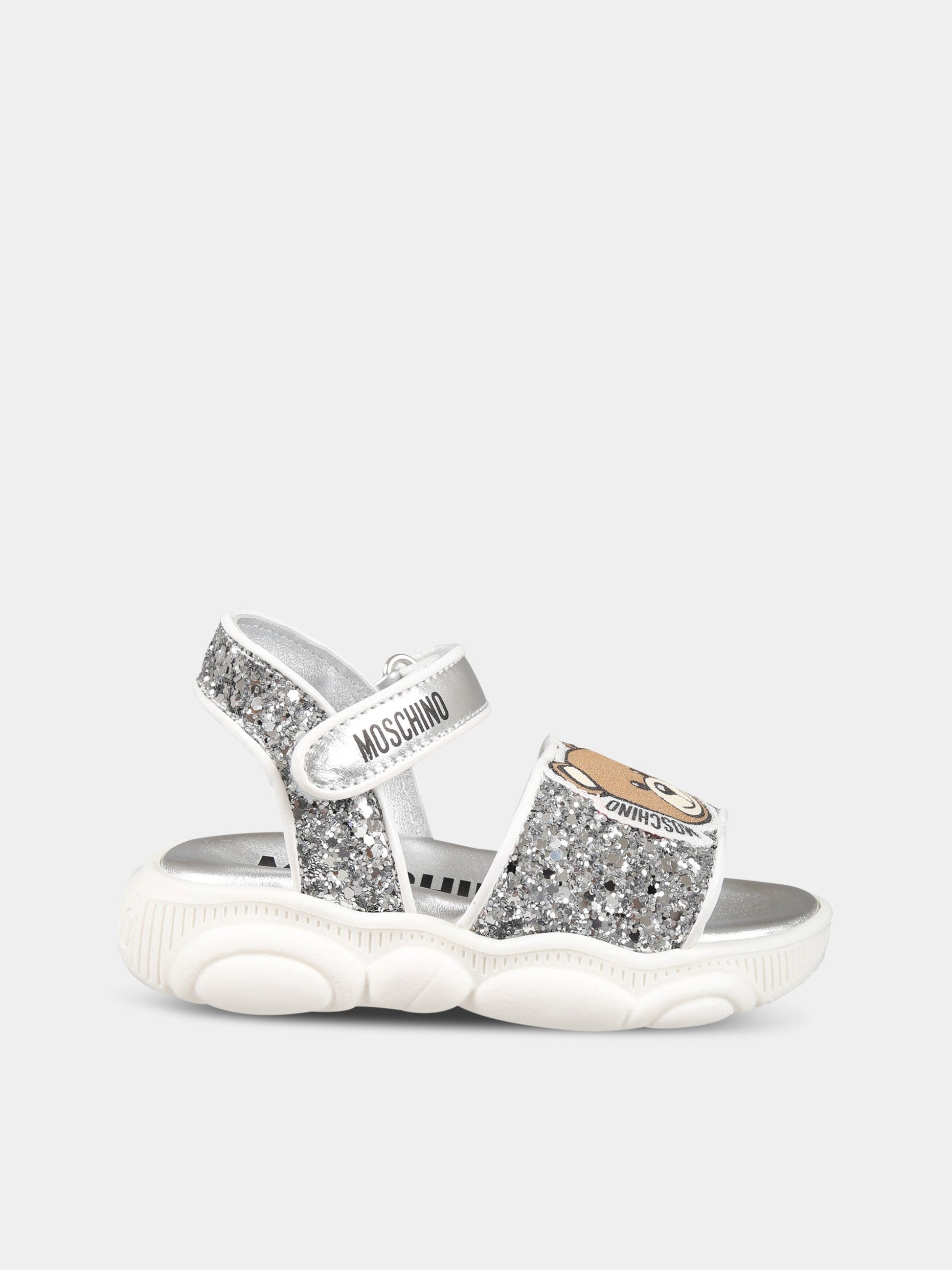 Sandalo argento per bambina con Teddy Bear, ape e logo,Moschino Kids,74316 1