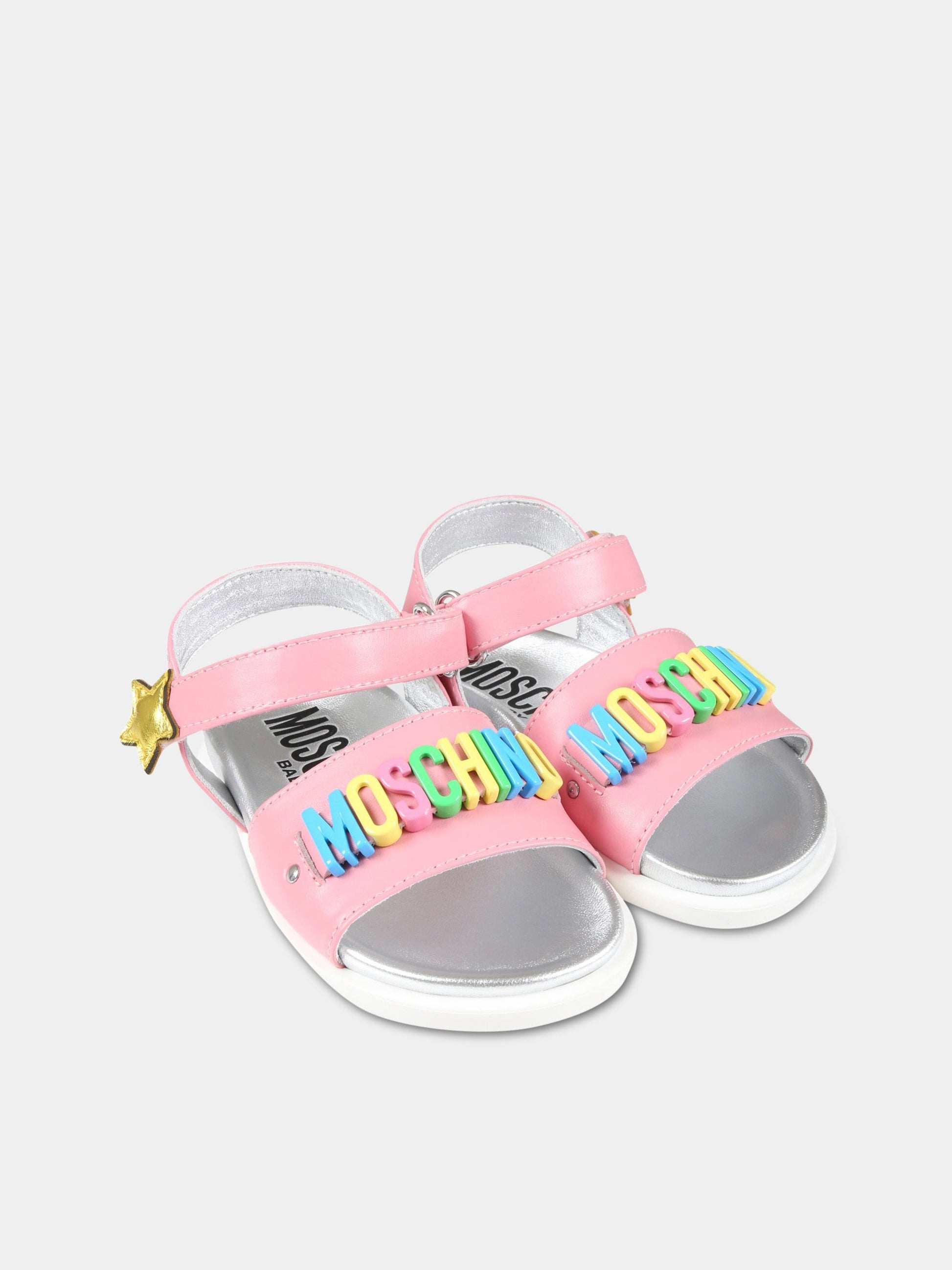 Sandali rosa per bambina con logo multicolor e stella,Moschino Kids,74324 1