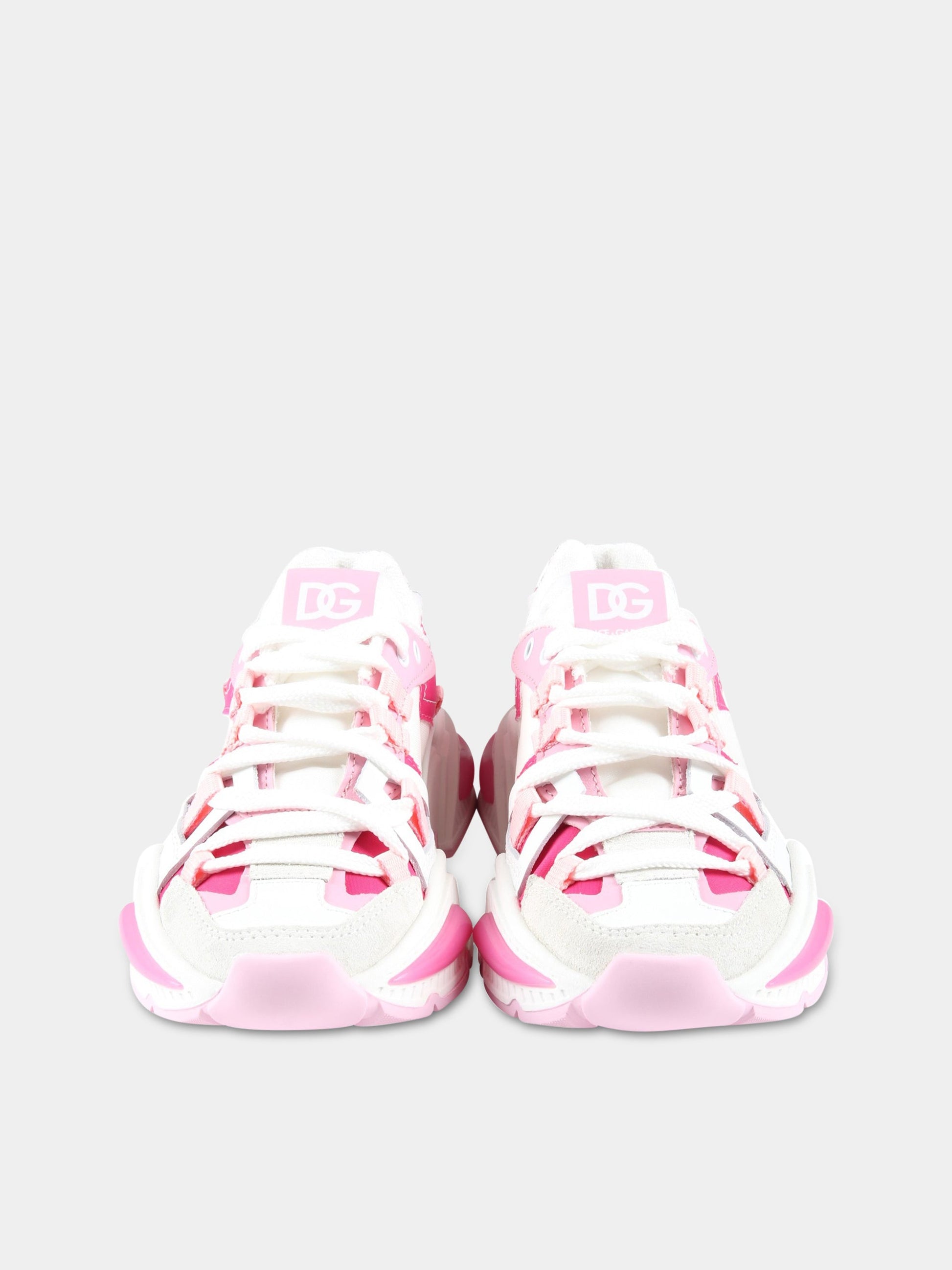 Sneakers bianche per bambina con dettagli rosa e fucsia,Dolce & Gabbana Kids,DA5118 AA399 8V436