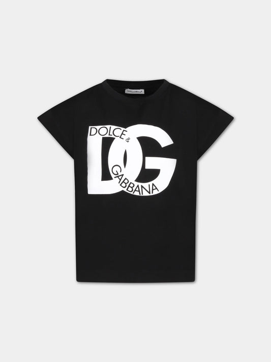 T-shirt nera per bambina con logo bianco,Dolce & Gabbana Kids,L5JTID G7I0E N0000