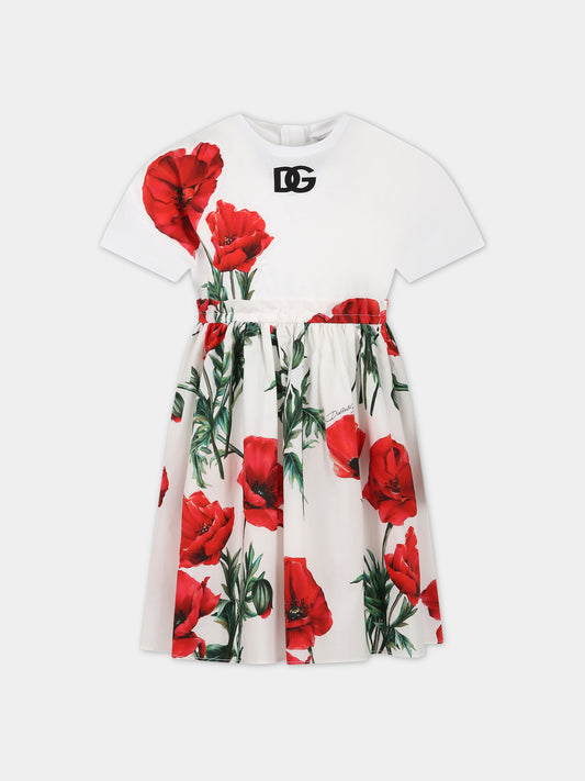 Vestito bianco per bambina con stampa papaveri e logo,Dolce & Gabbana Kids,L5JD4R G7G9L HA3VN