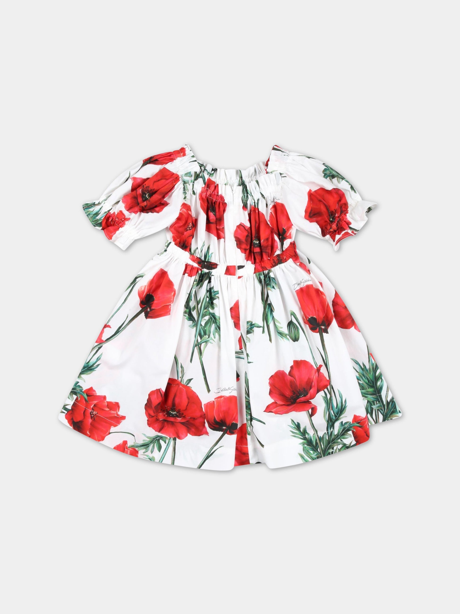 Vestito bianco per neonata con papaveri rossi,Dolce & Gabbana Kids,L23DI7 HS5O1 HA3VN