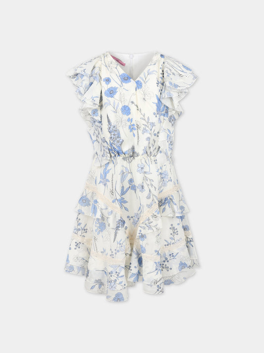 Vestito bianco per bambina con stampa floreale e logo,Blumarine Baby,IA3060T2523 Q9210