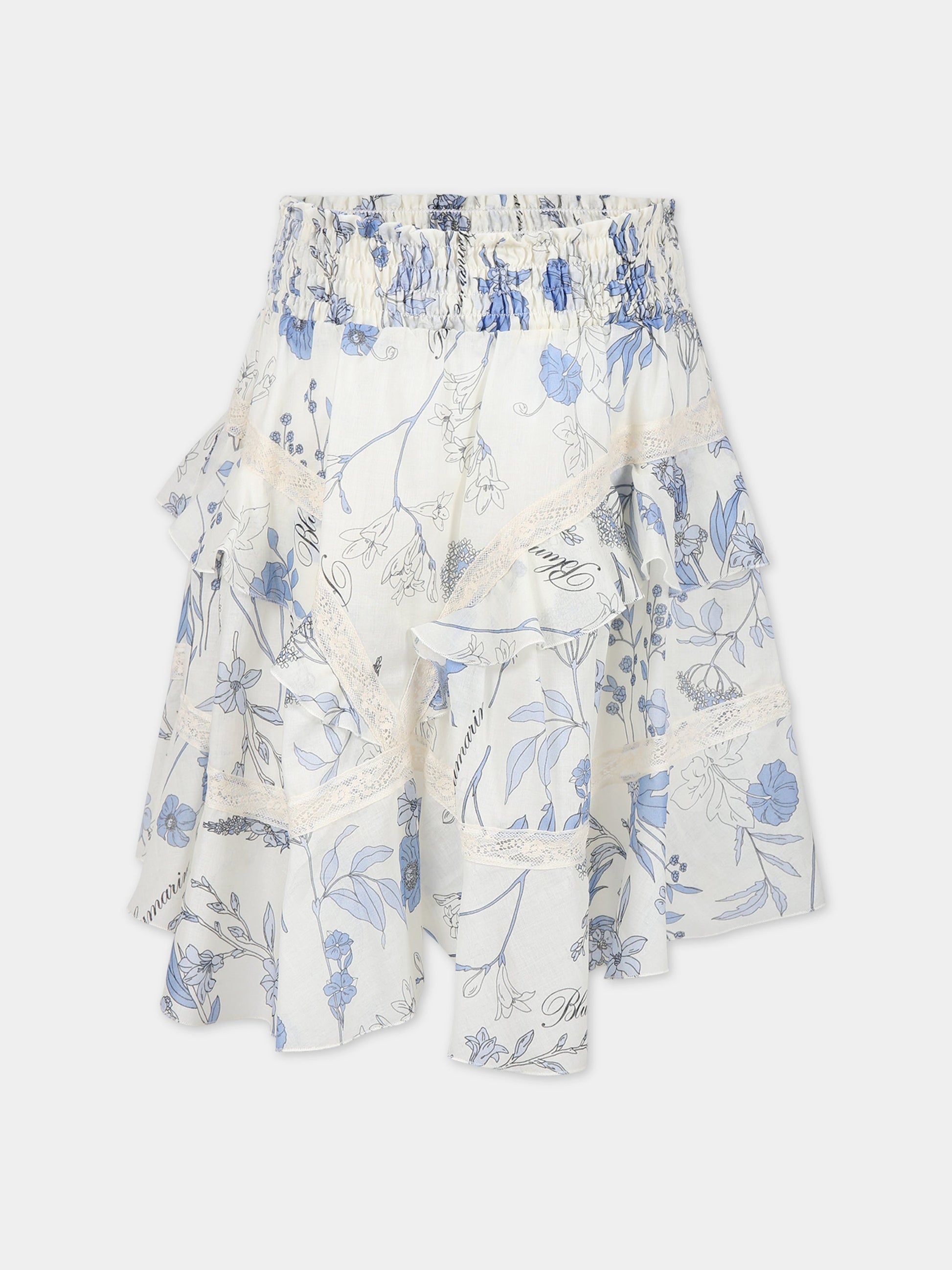 Gonna bianca per bambina con stampa floreale e logo,Blumarine Baby,IA3061T2523 Q9210