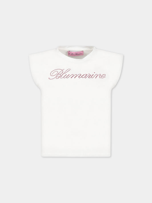 T-shirt bianca per bambina con logo,Blumarine Baby,IA3062J5003 C3273
