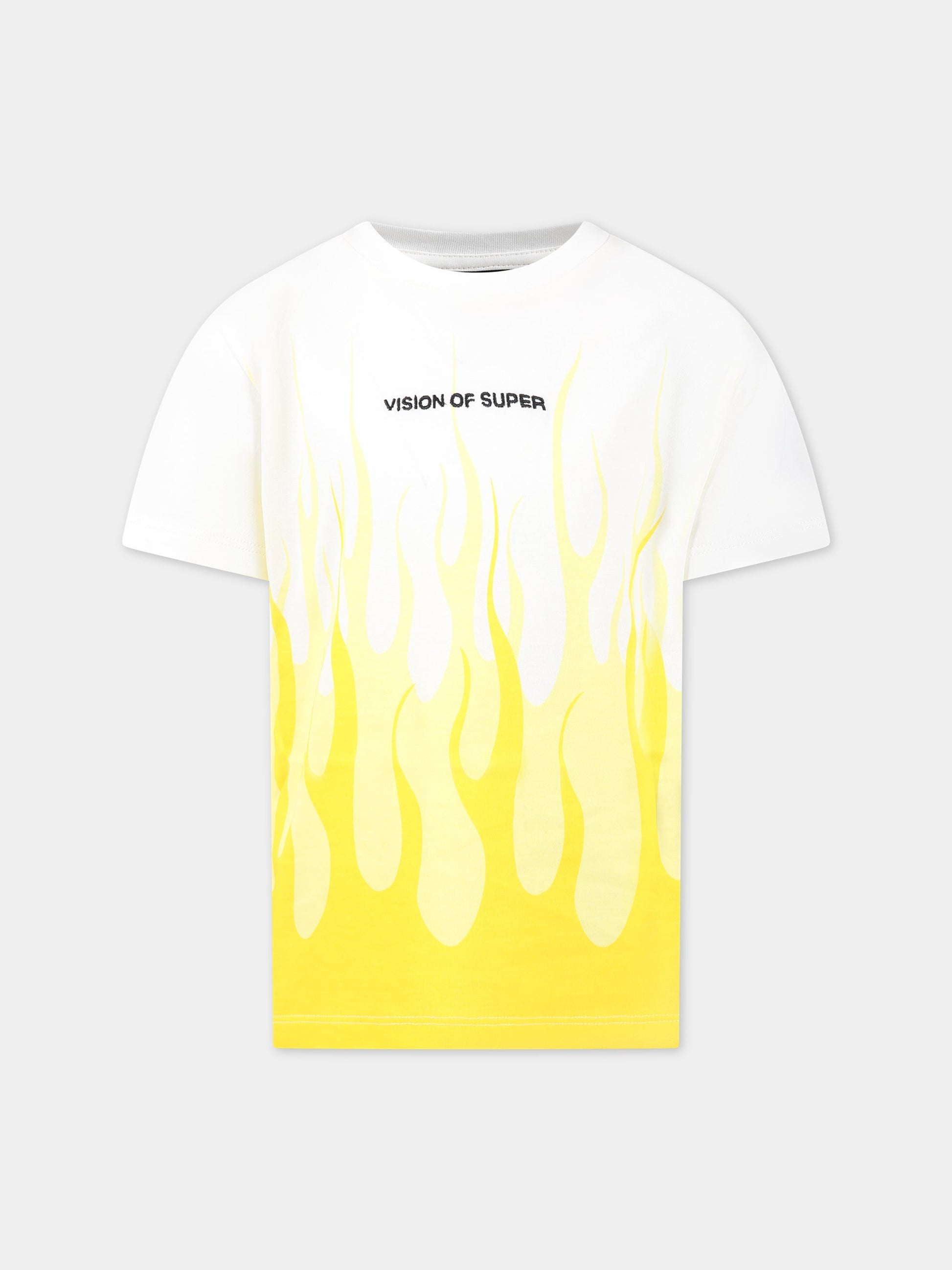 T-shirt bianca per bambino con fiamme gialle e logo,Vision Of Super,TSV3109J GIALLO