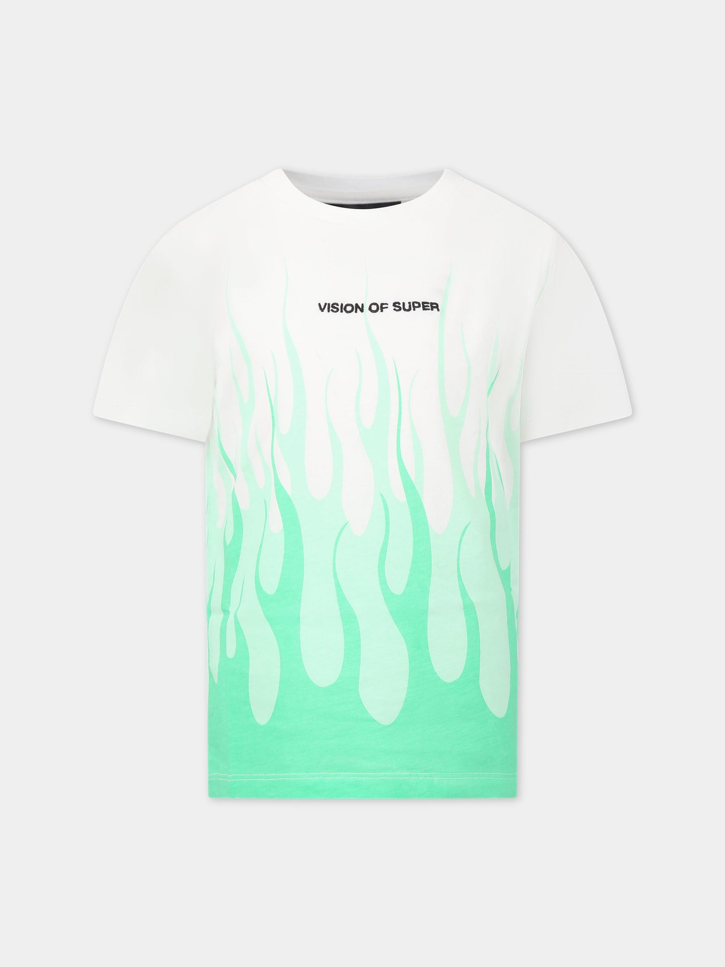 T-shirt bianca per bambino con fiamme verdi e logo,Vision Of Super,TSV3109J VERDE