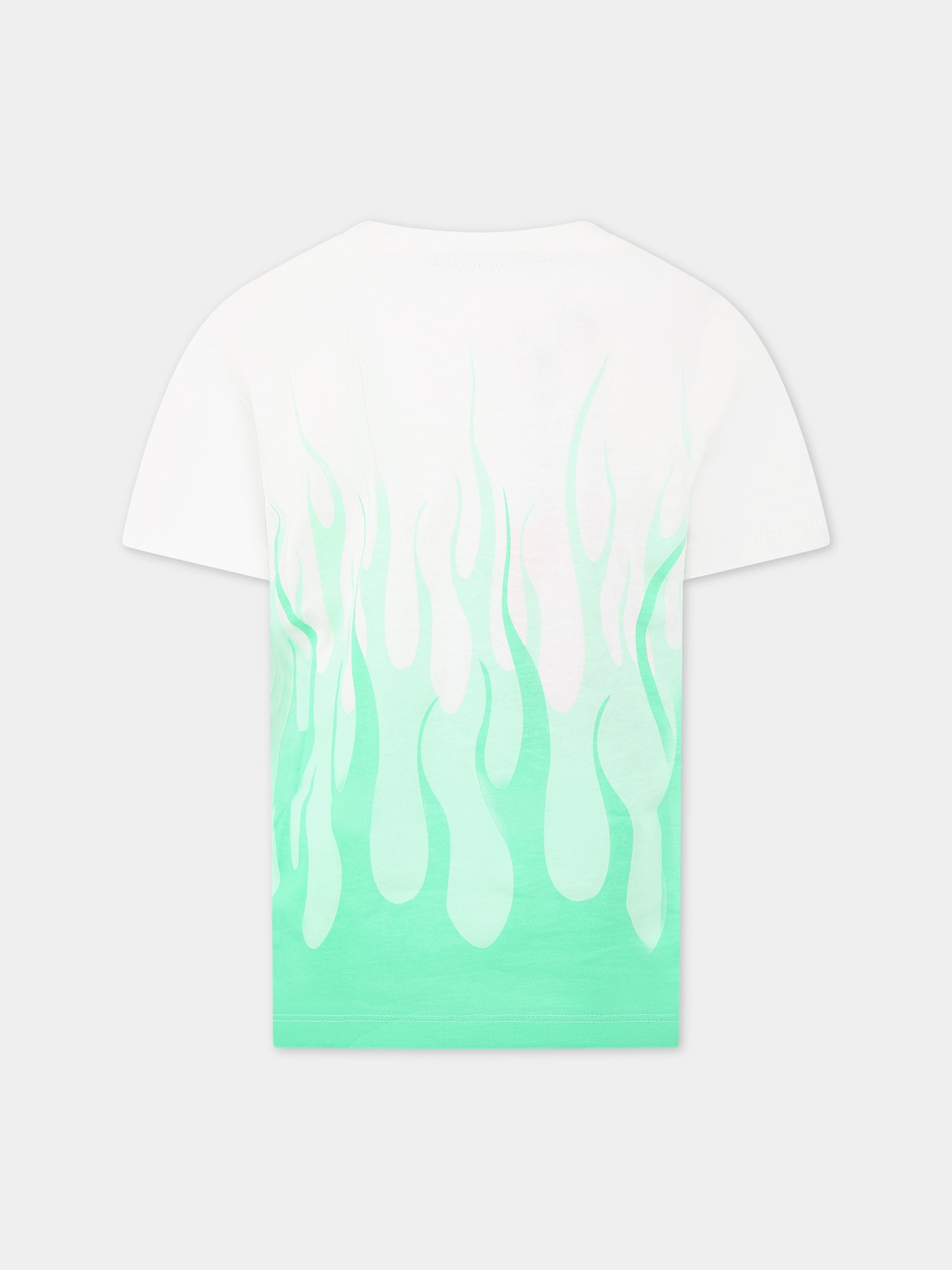 T-shirt bianca per bambino con fiamme verdi e logo,Vision Of Super,TSV3109J VERDE