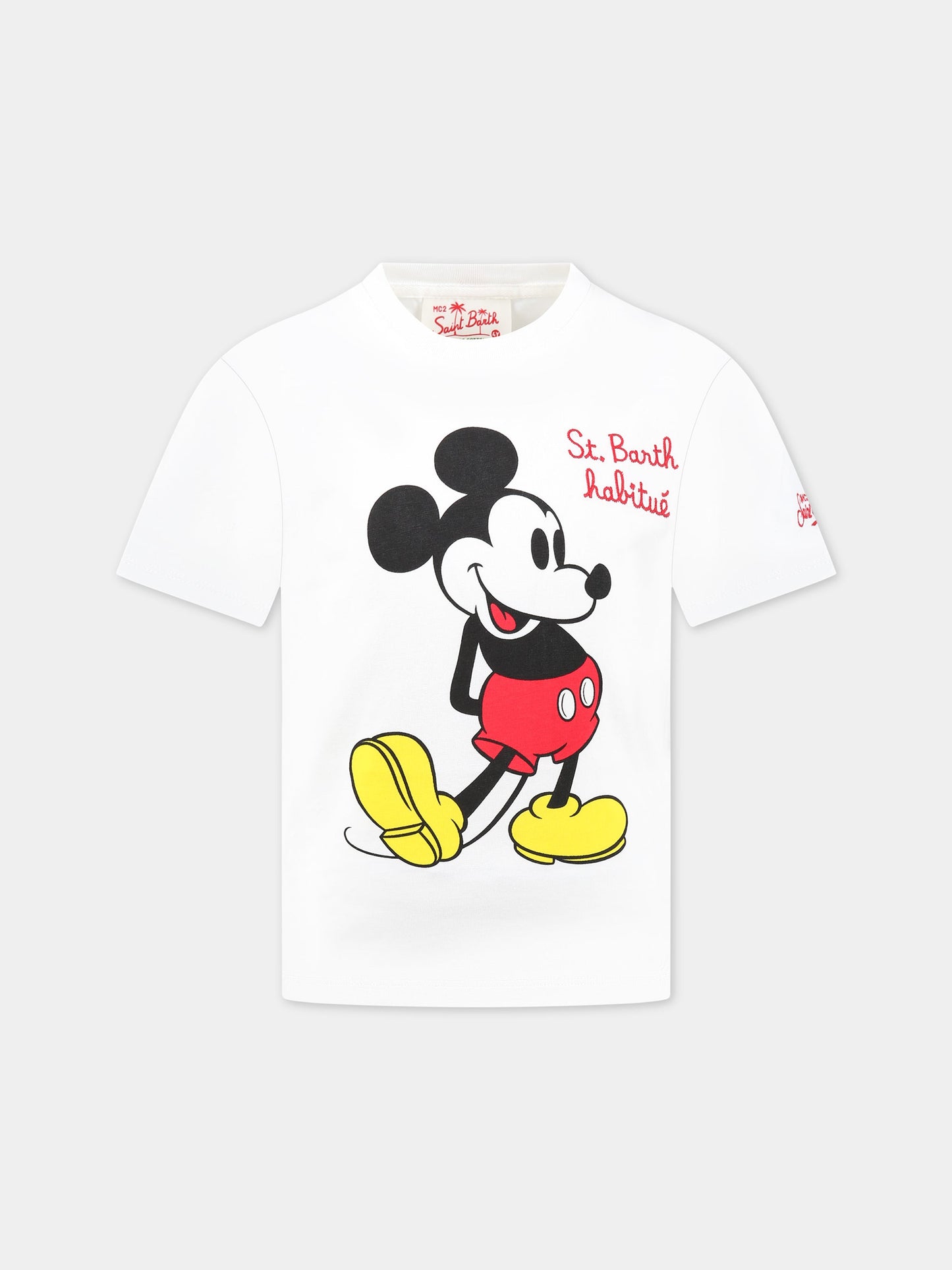 T-shirt bianca per bambino con stampa Topolino, scritta  St. Barth habitué  e logo,Mc2 Saint Barth,TSHIRT BOY MICKEY SB 01N EMB