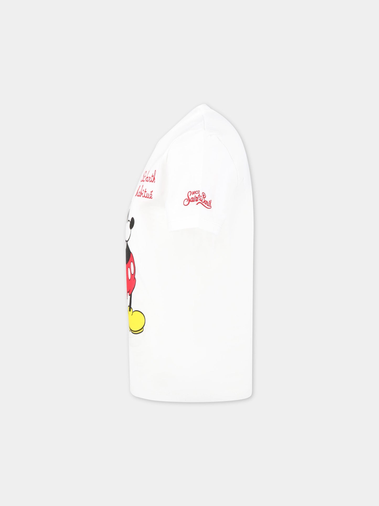 T-shirt bianca per bambino con stampa Topolino, scritta  St. Barth habitué  e logo,Mc2 Saint Barth,TSHIRT BOY MICKEY SB 01N EMB