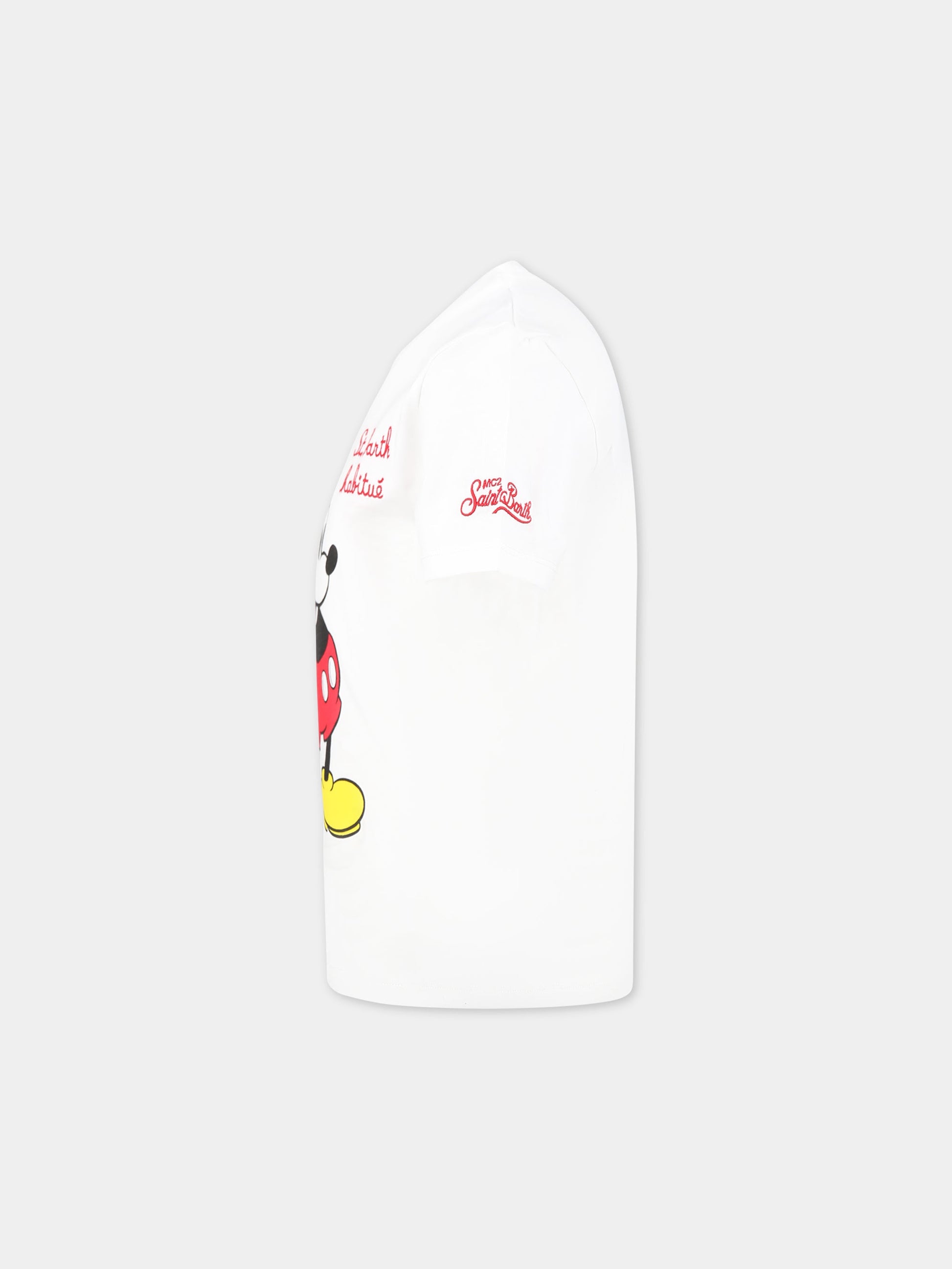 T-shirt bianca per bambino con stampa Topolino, scritta  St. Barth habitué  e logo,Mc2 Saint Barth,TSHIRT BOY MICKEY SB 01N EMB