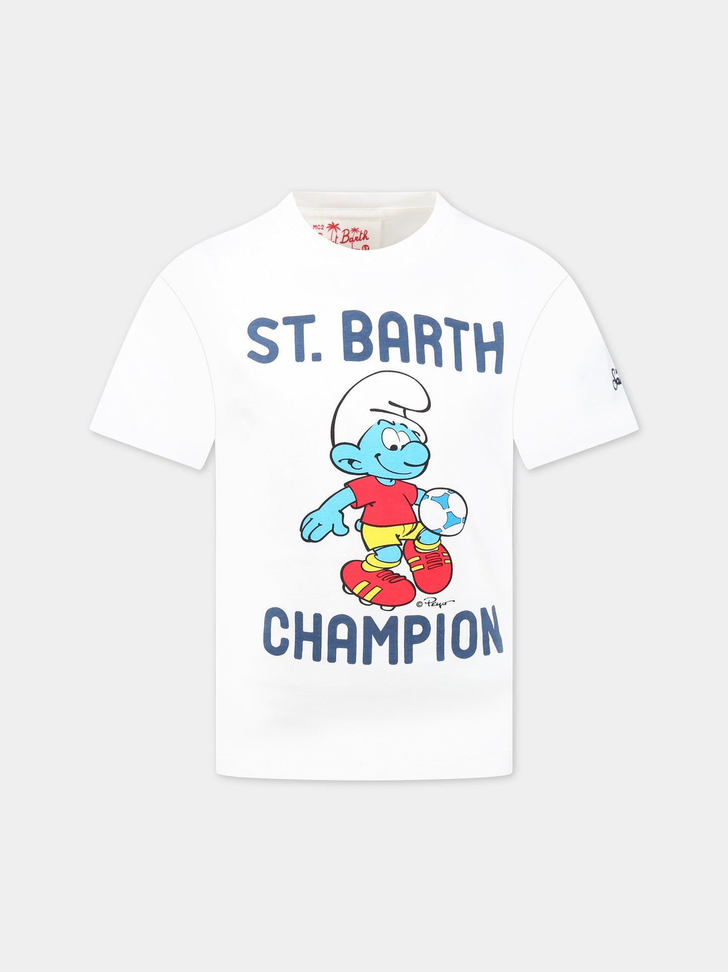 T-shirt bianca per bambino con stampa Puffo, scritta Champion  e logo,Mc2 Saint Barth,TSHIRT BOY SMURF SOCCER 01N
