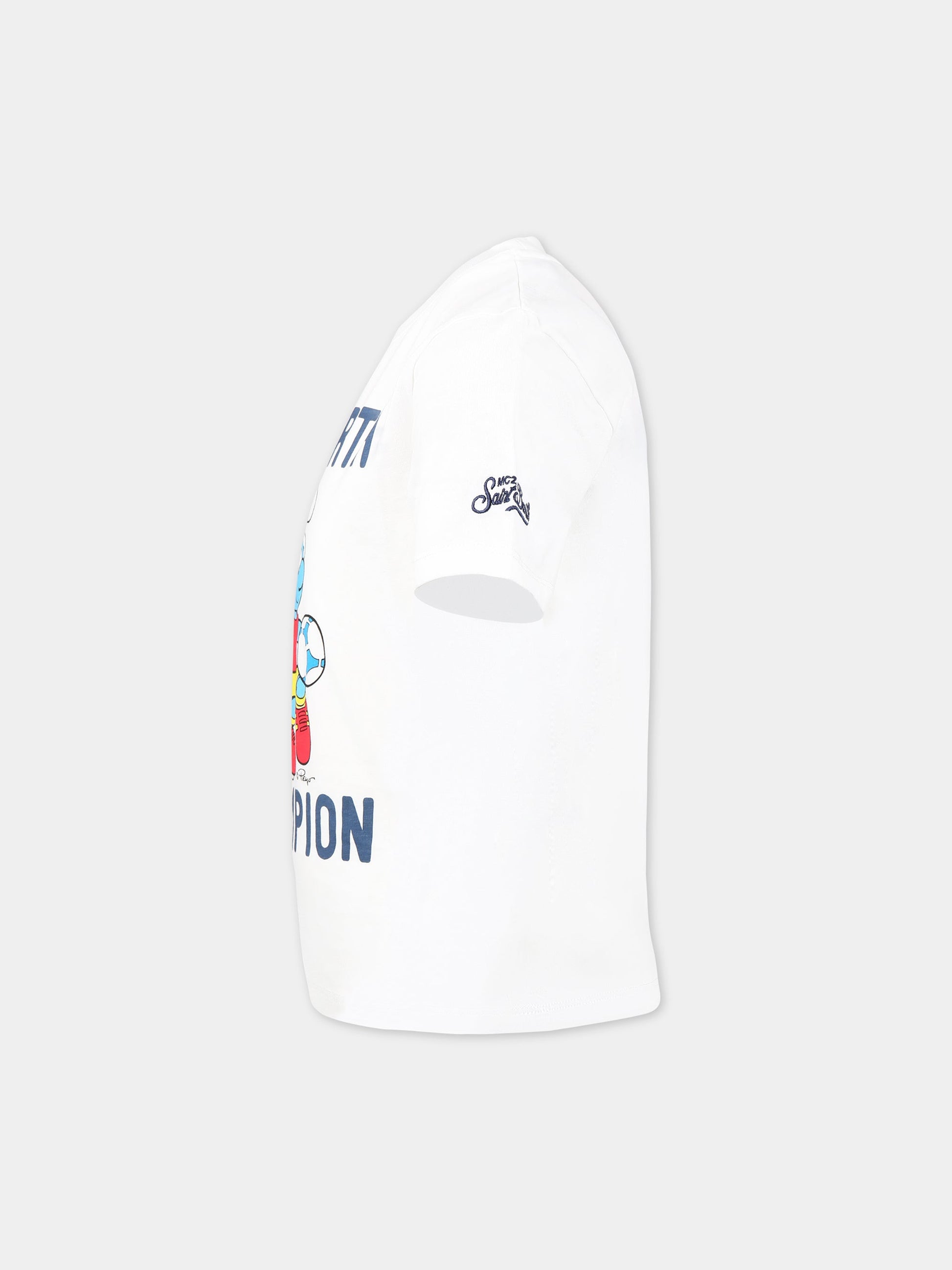 T-shirt bianca per bambino con stampa Puffo, scritta Champion  e logo,Mc2 Saint Barth,TSHIRT BOY SMURF SOCCER 01N