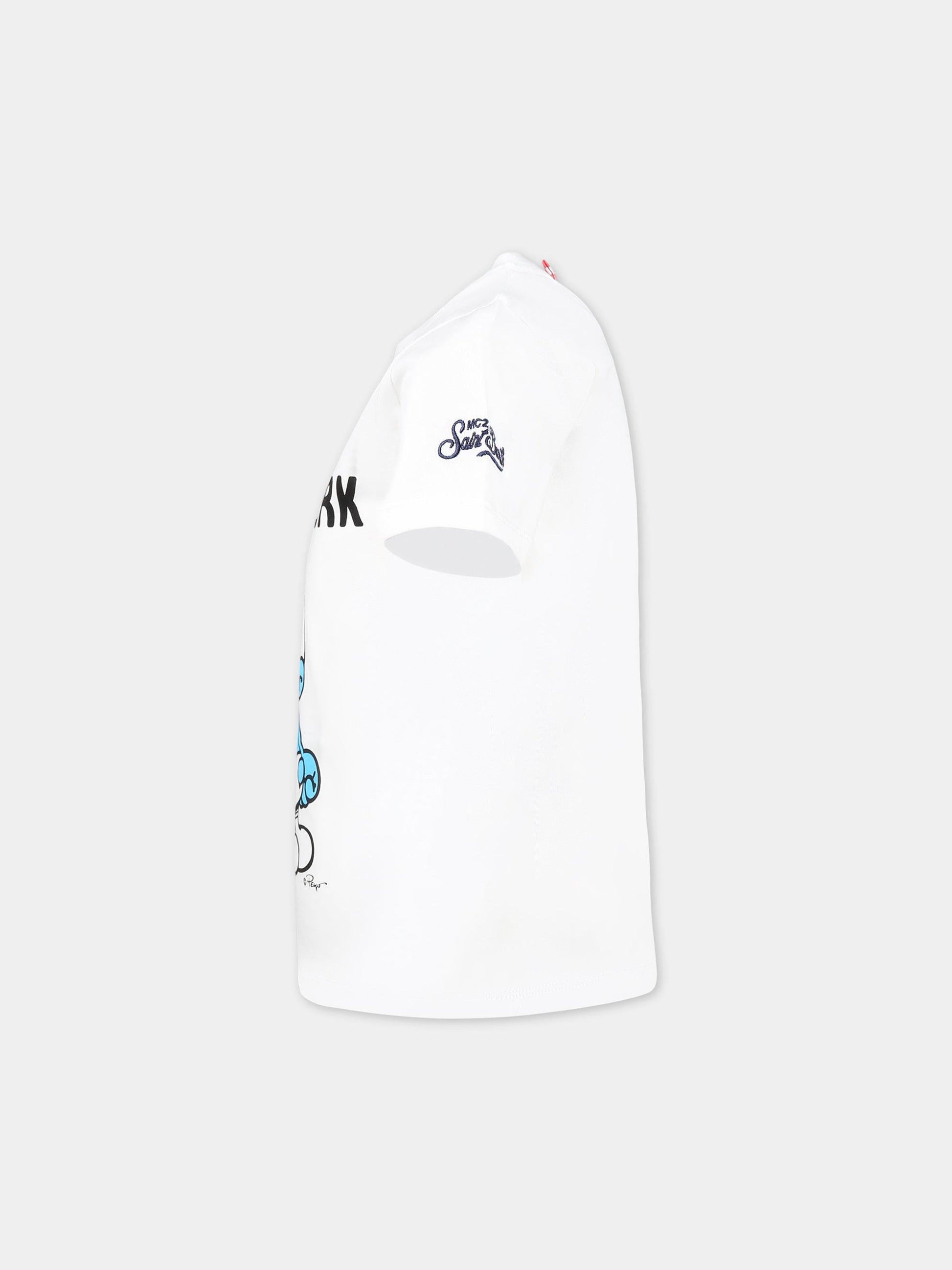 T-shirt bianca per bambino con stampa Puffo, scritta  I hate homework  e logo,Mc2 Saint Barth,TSHIRT BOY SMURF HW 01N