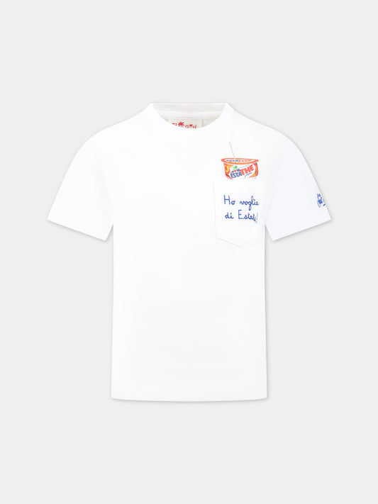 T-shirt bianca per bambini con stampa Estathé, scritta  Ho voglia di Estate  e logo,Mc2 Saint Barth,EDDY PEACH ESTATHE 01N EMB
