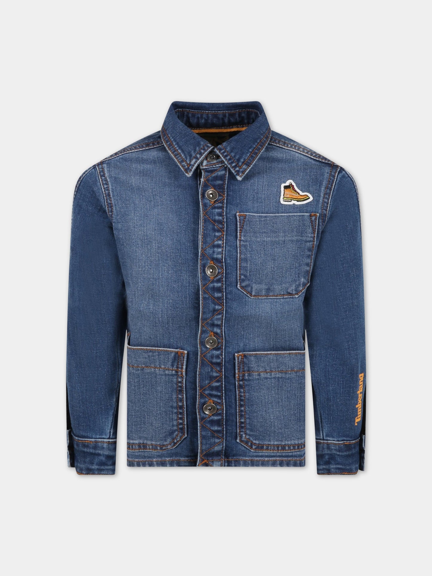 Camicia blu denim per bambino con patch logato e logo,Timberland,T25S52 Z250