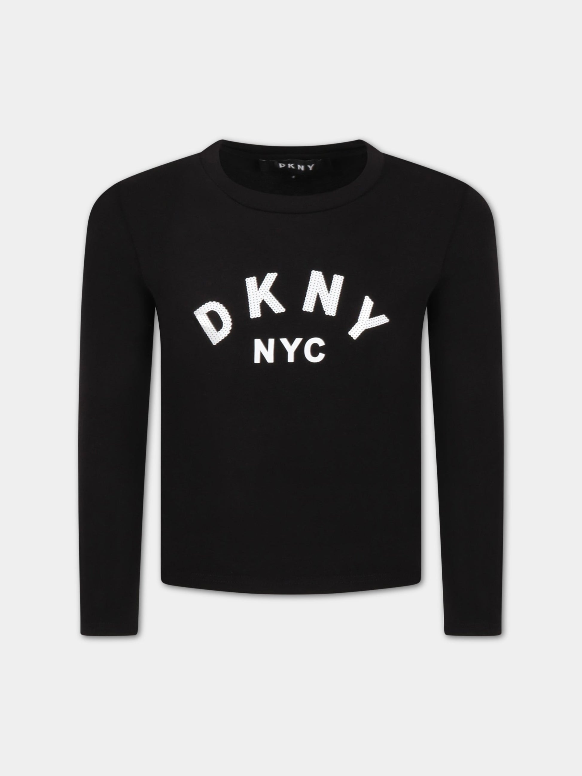 T-shirt nera per bambina con logo bianco,Dkny,D35R57 09B