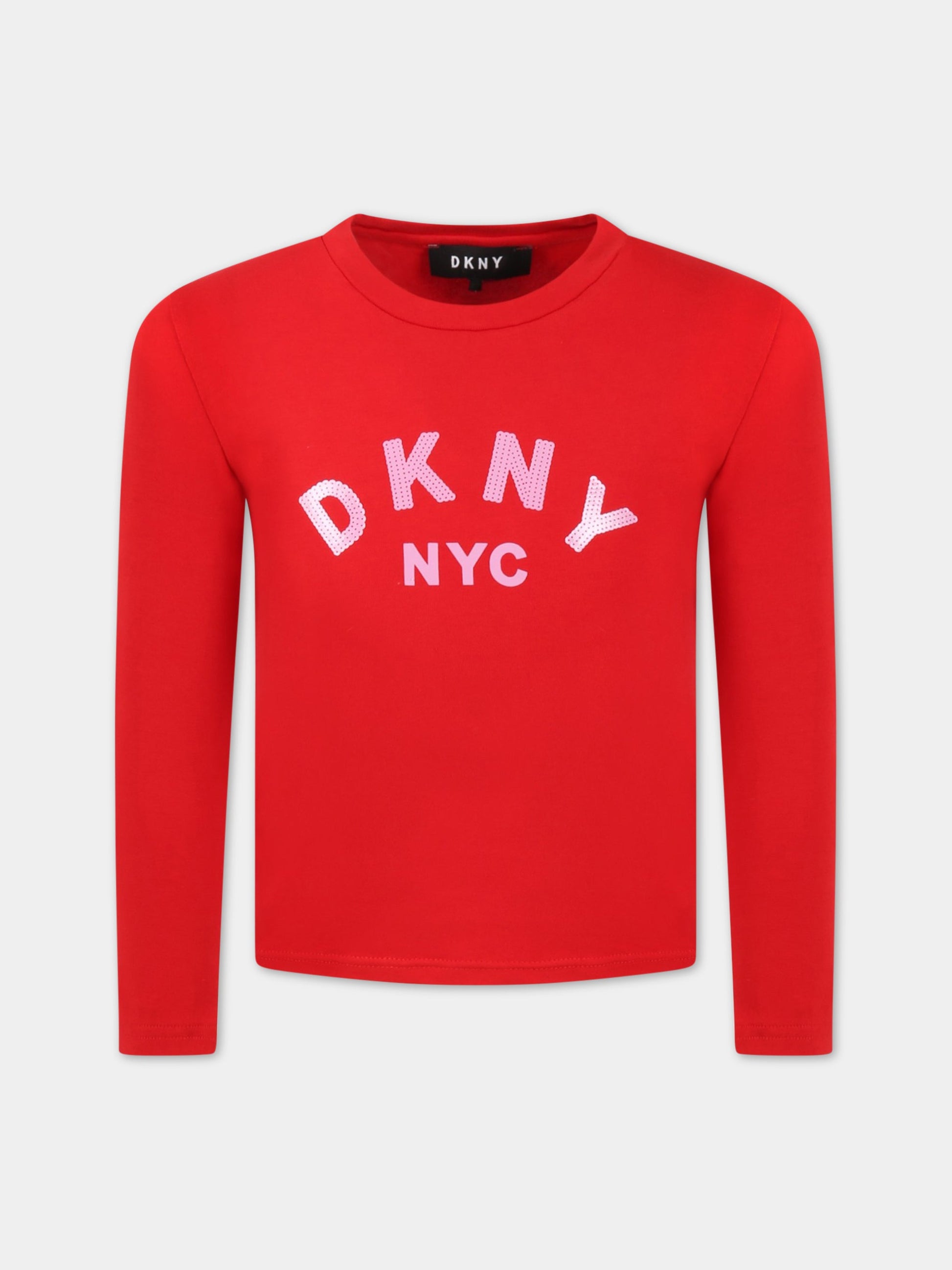 T-shirt rossa per bambina con logo rosa,Dkny,D35R57 991