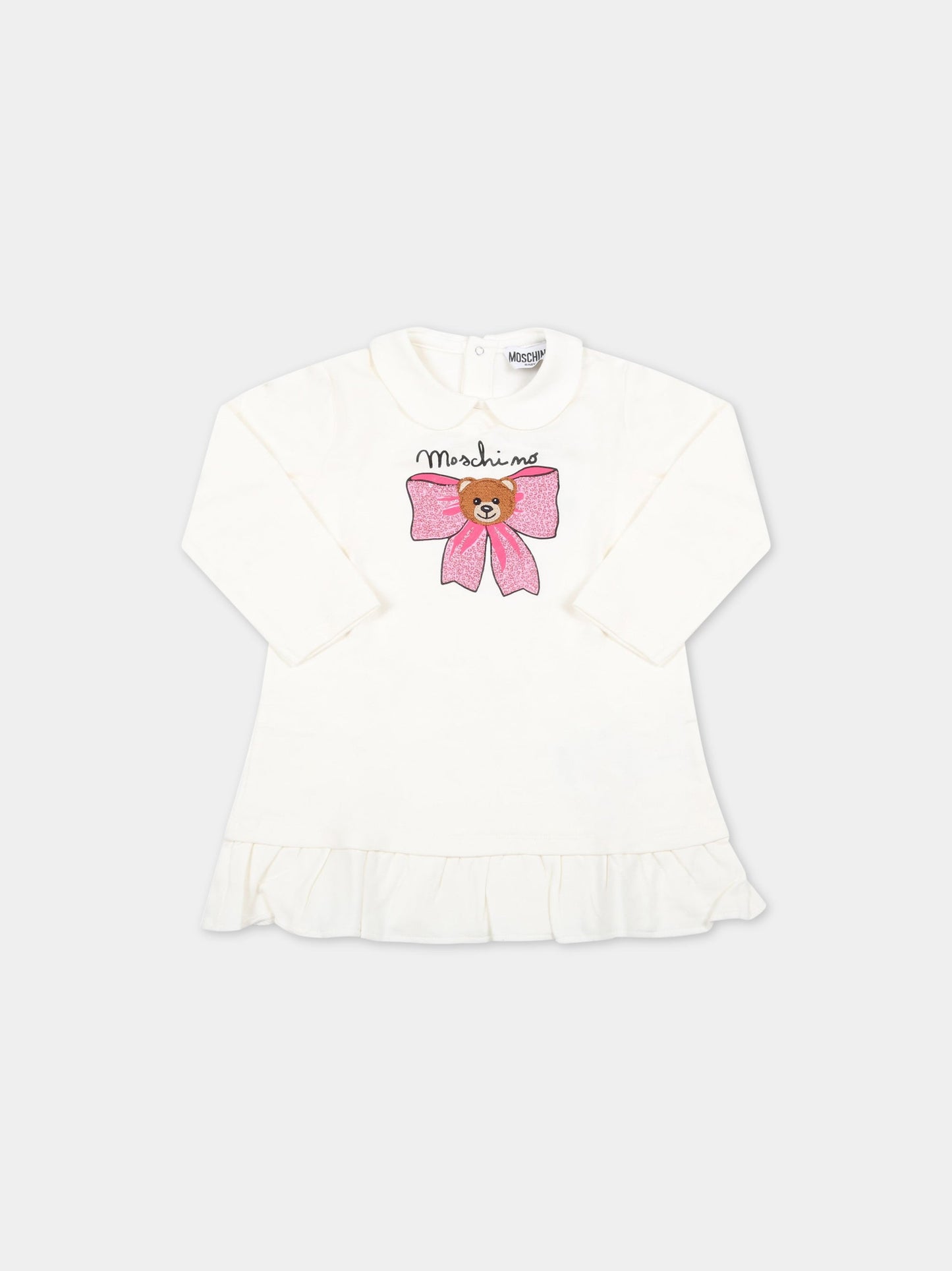 Vestito avorio per neonata con Teddy Bear e fiocco,Moschino Kids,MDV09X LDA14 10063