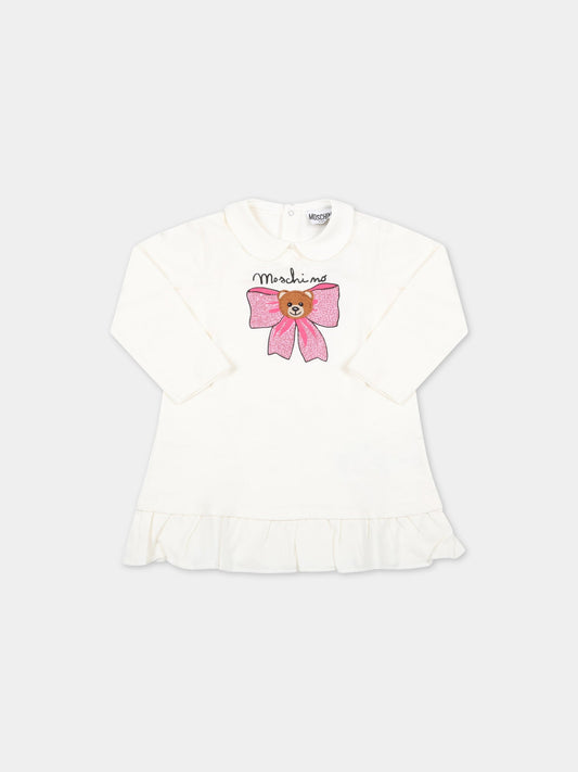 Vestito avorio per neonata con Teddy Bear e fiocco,Moschino Kids,MDV09X LDA14 10063