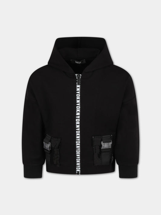 Felpa nera per bambina con loghi,Dkny,D35S57 09B