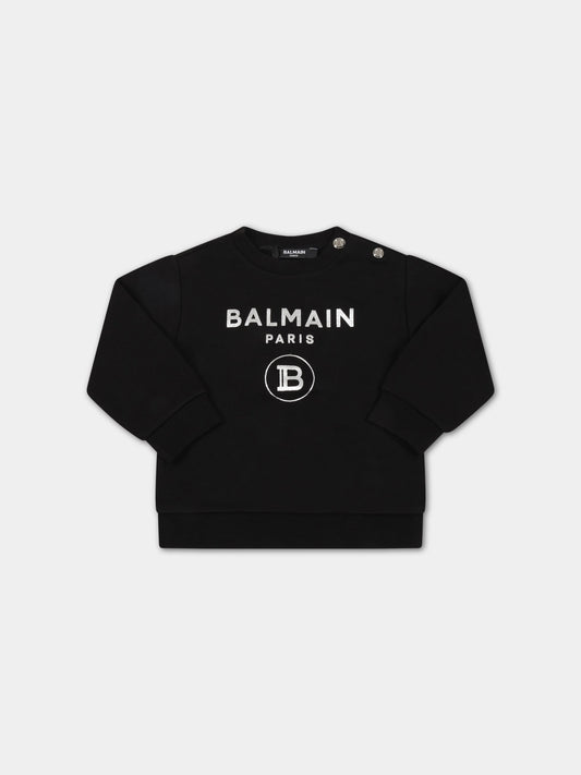 Felpa nera per neonata con loghi argentati,Balmain Kids,6R4530 Z0739 930AG