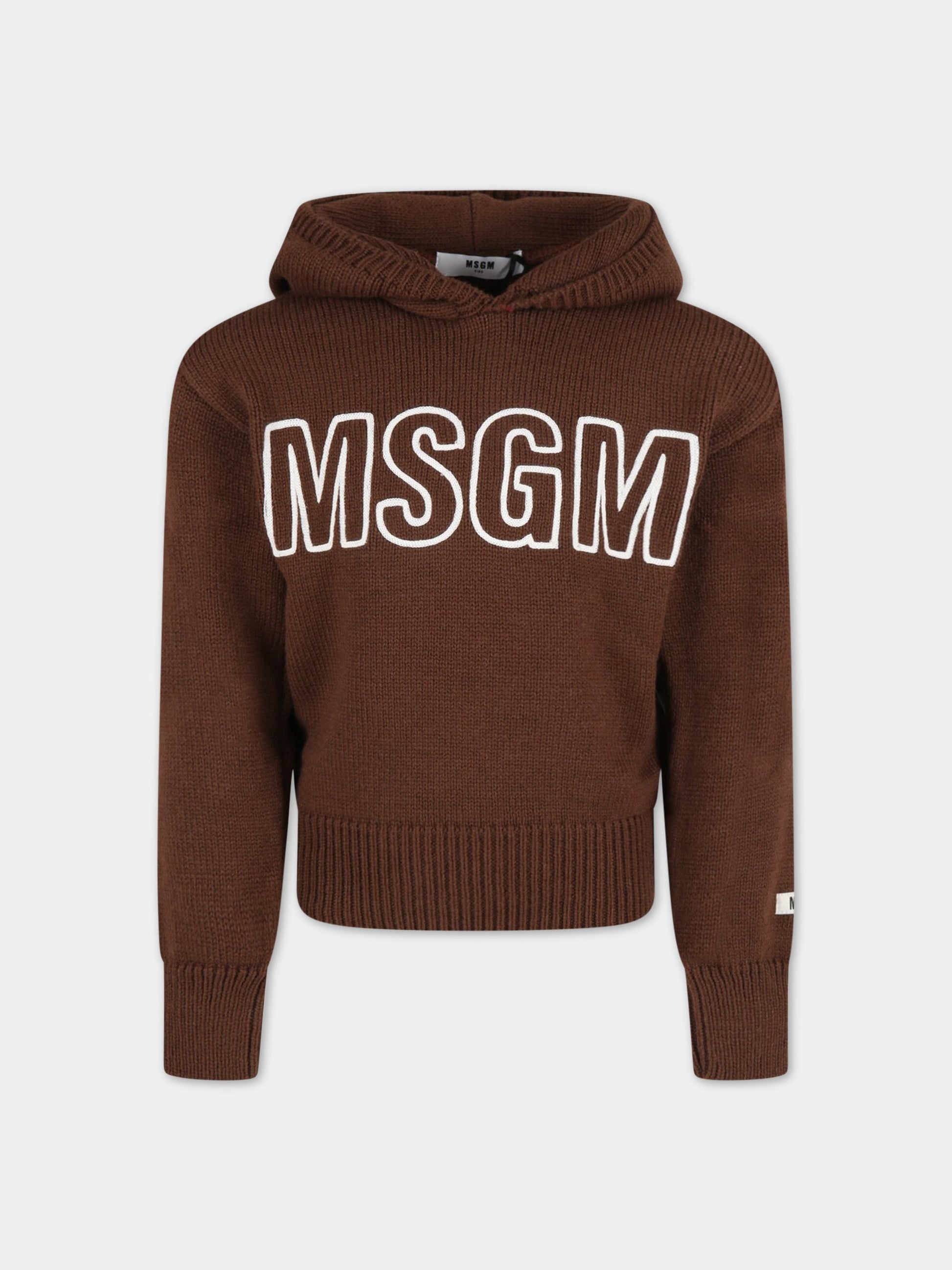 Maglione marrone per bambini con logo bianco ricamato,Msgm Kids,MS029297 090