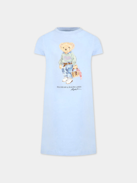 Vestito celeste per bambina con orso e logo nero,Ralph Lauren Kids,875410002