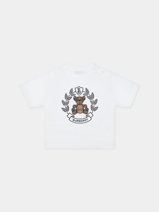 T-shirt bianca per neonati con Thomas Bear e logo,Burberry Kids,8072329