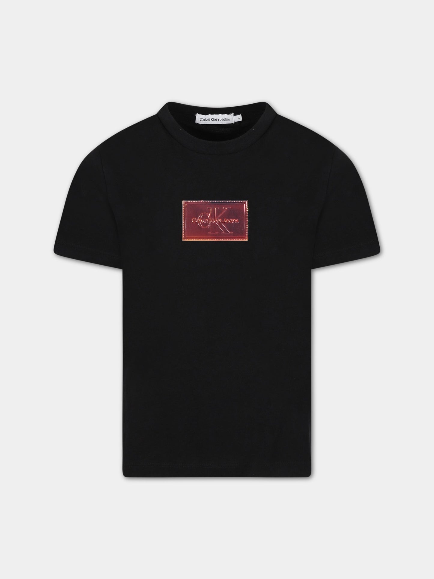 T-shirt nera per bambina con patch logato,Calvin Klein Kids,IU0IU00357 BEH