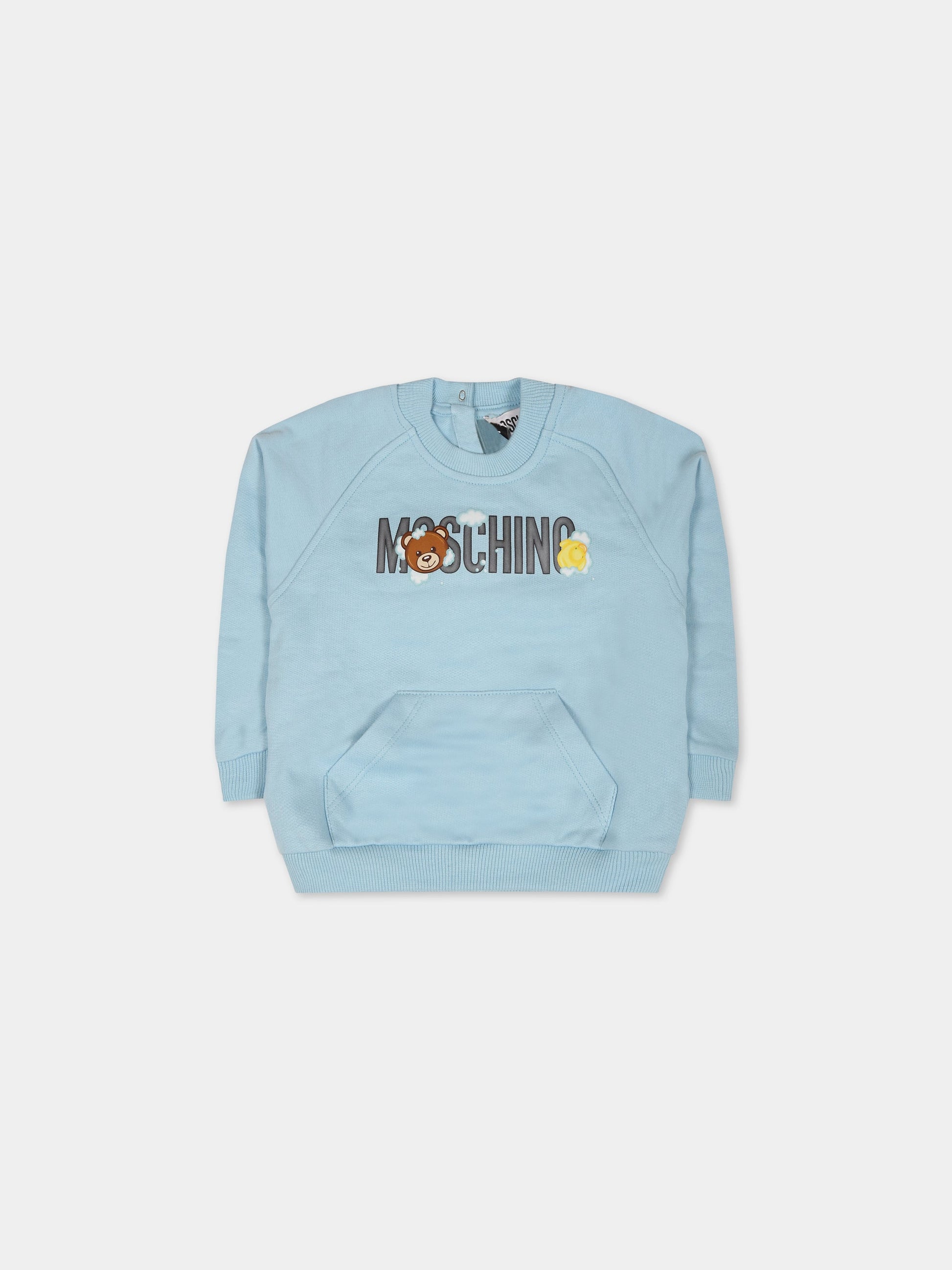 Felpa celeste per neonati con Teddy Bear, nuvole e logo,Moschino Kids,MUF04F LCA42 40304