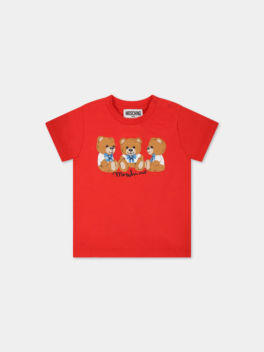 T-shirt rossa per neonati con Teddy Bear e logo,Moschino Kids,MUM035 LAA10 50109