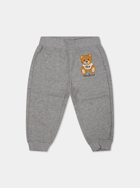 Pantaloni grigi per neonati con Teddy Bear e logo,Moschino Kids,MUP049 LCA40 60901