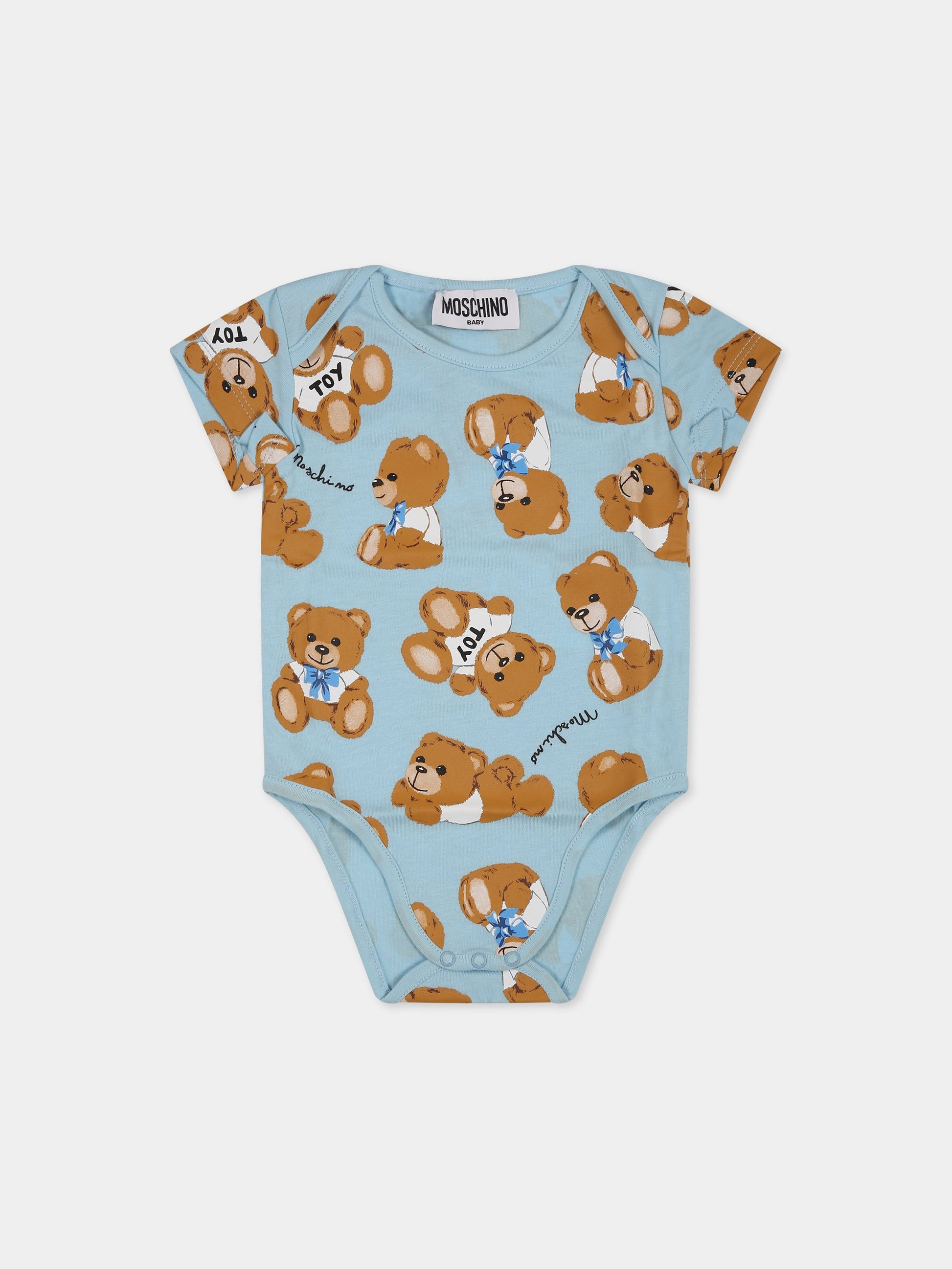 Body celeste per neonato con stampa Teddy Bear e logo all-over,Moschino Kids,MUT02U LAB48 82578