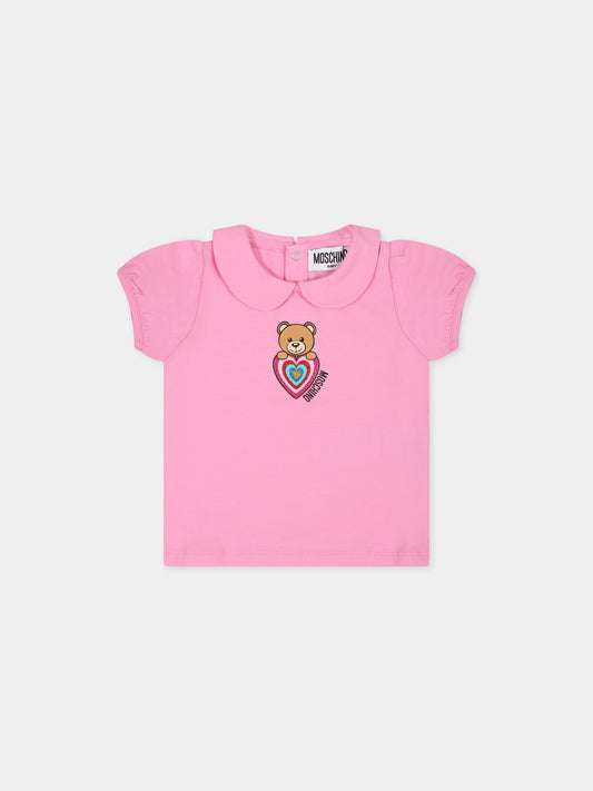 T-shirt rosa per neonata con Teddy Bear, cuore e logo,Moschino Kids,MDM034 LBA01 50206