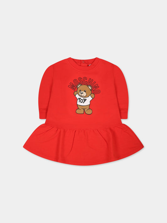 Vestito rosso per neonata con Teddy Bear e logo,Moschino Kids,MDV09V LDA17 50109