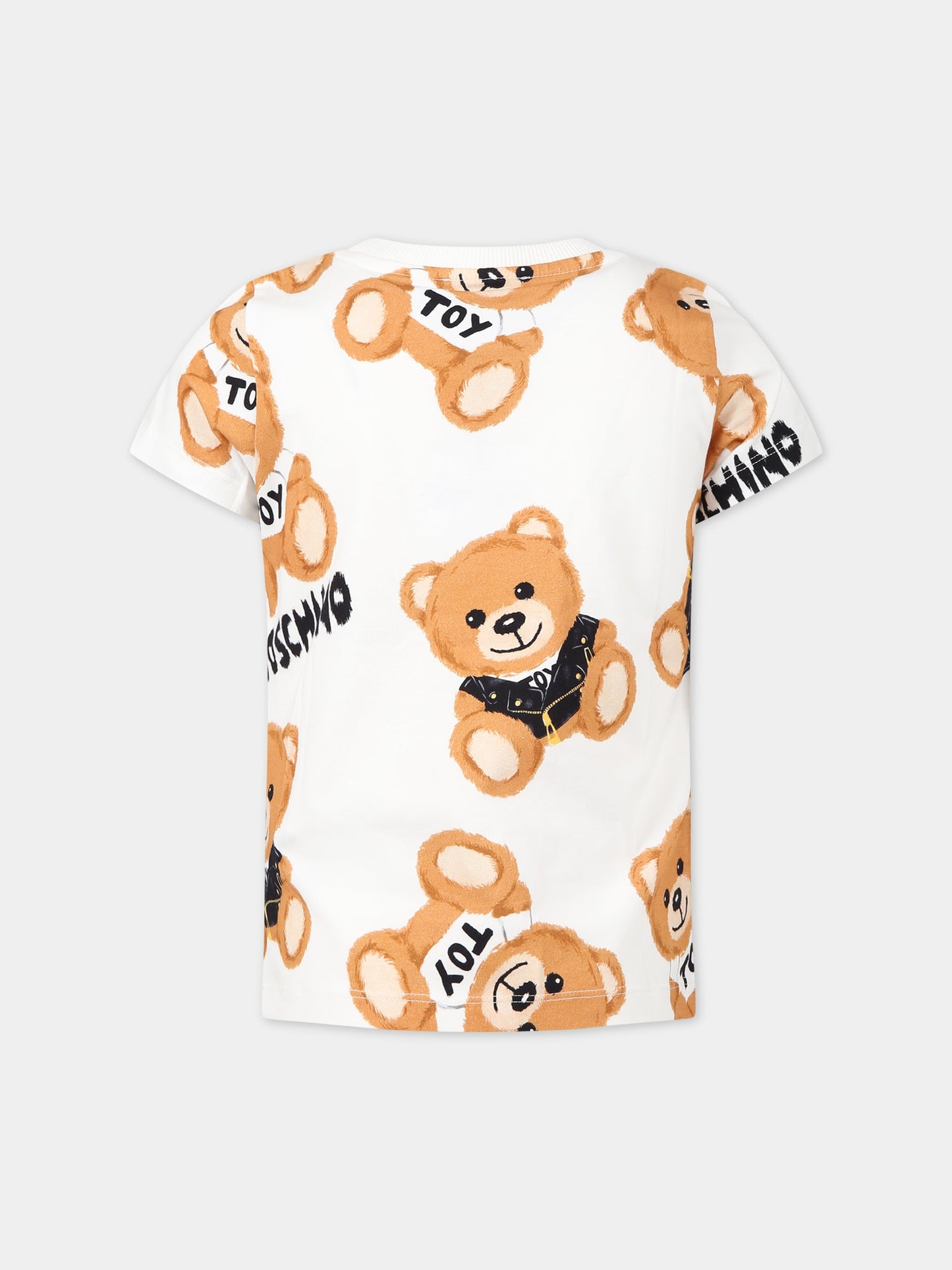 T-shirt bianca per bambini con logo e Teddy Bear all-over,Moschino Kids,HUM043 LBBA5 82580