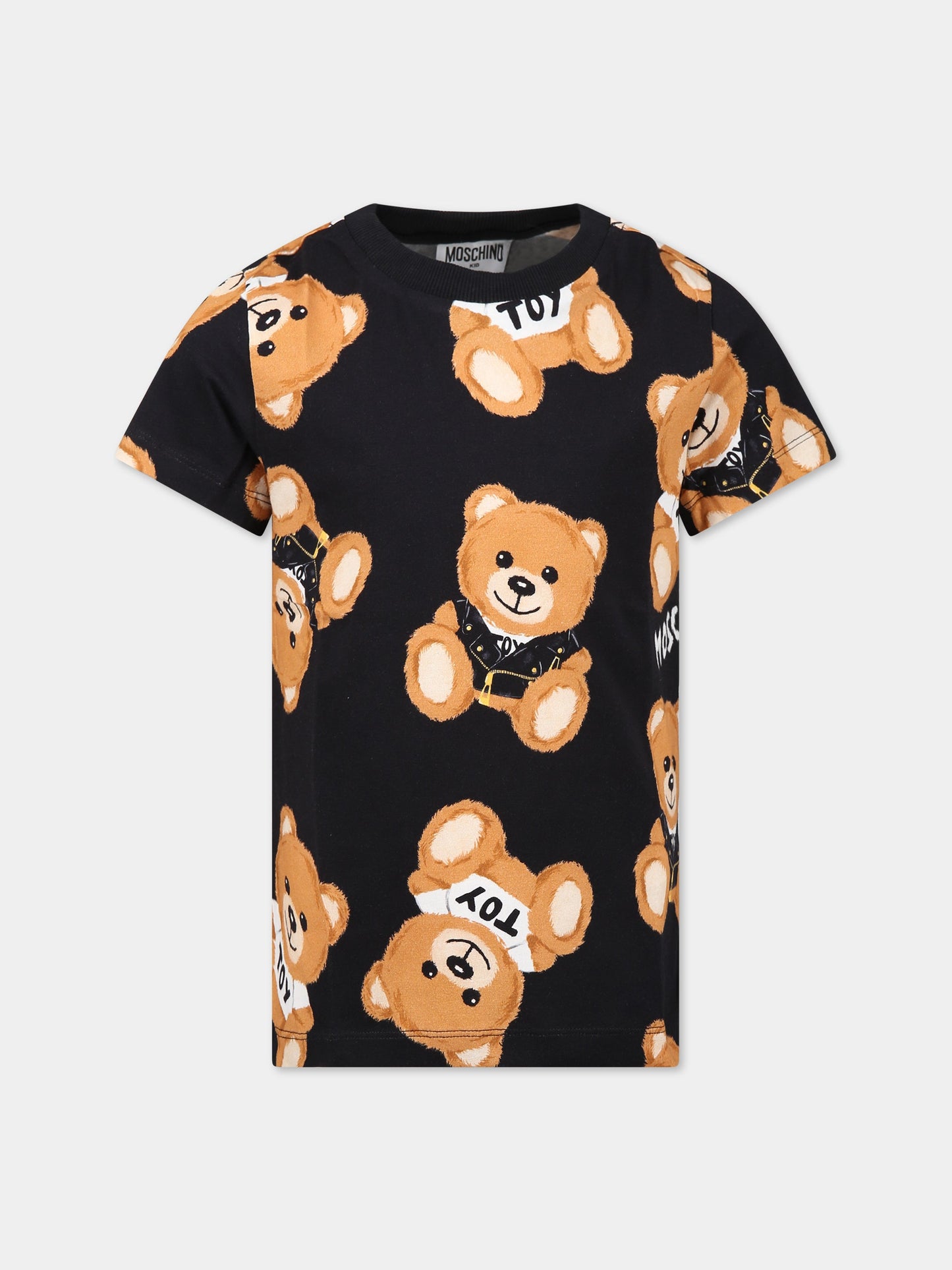 T-shirt nera per bambini con logo e Teddy Bear all-over,Moschino Kids,HUM043 LBBA5 82581