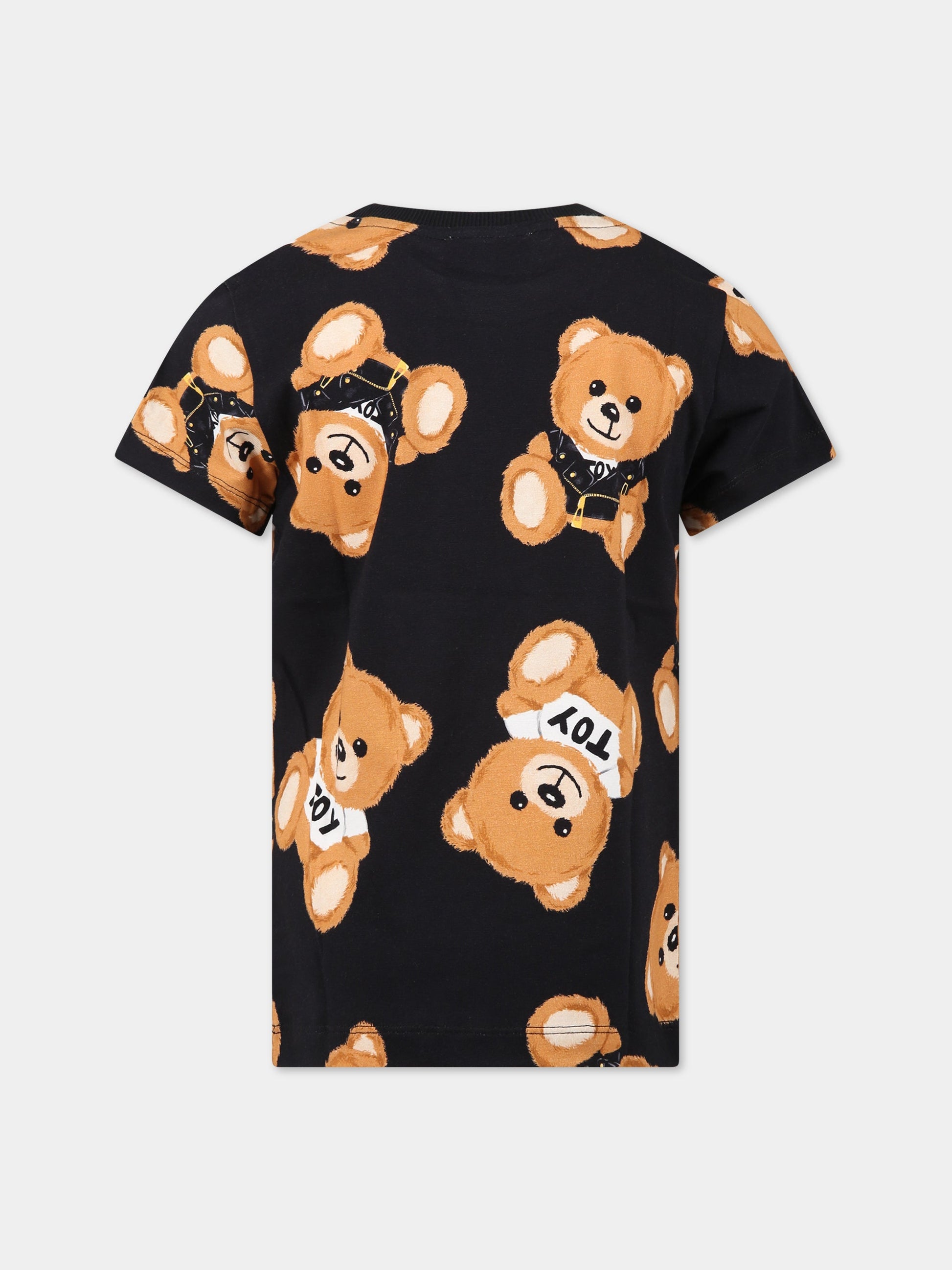 T-shirt nera per bambini con logo e Teddy Bear all-over,Moschino Kids,HUM043 LBBA5 82581