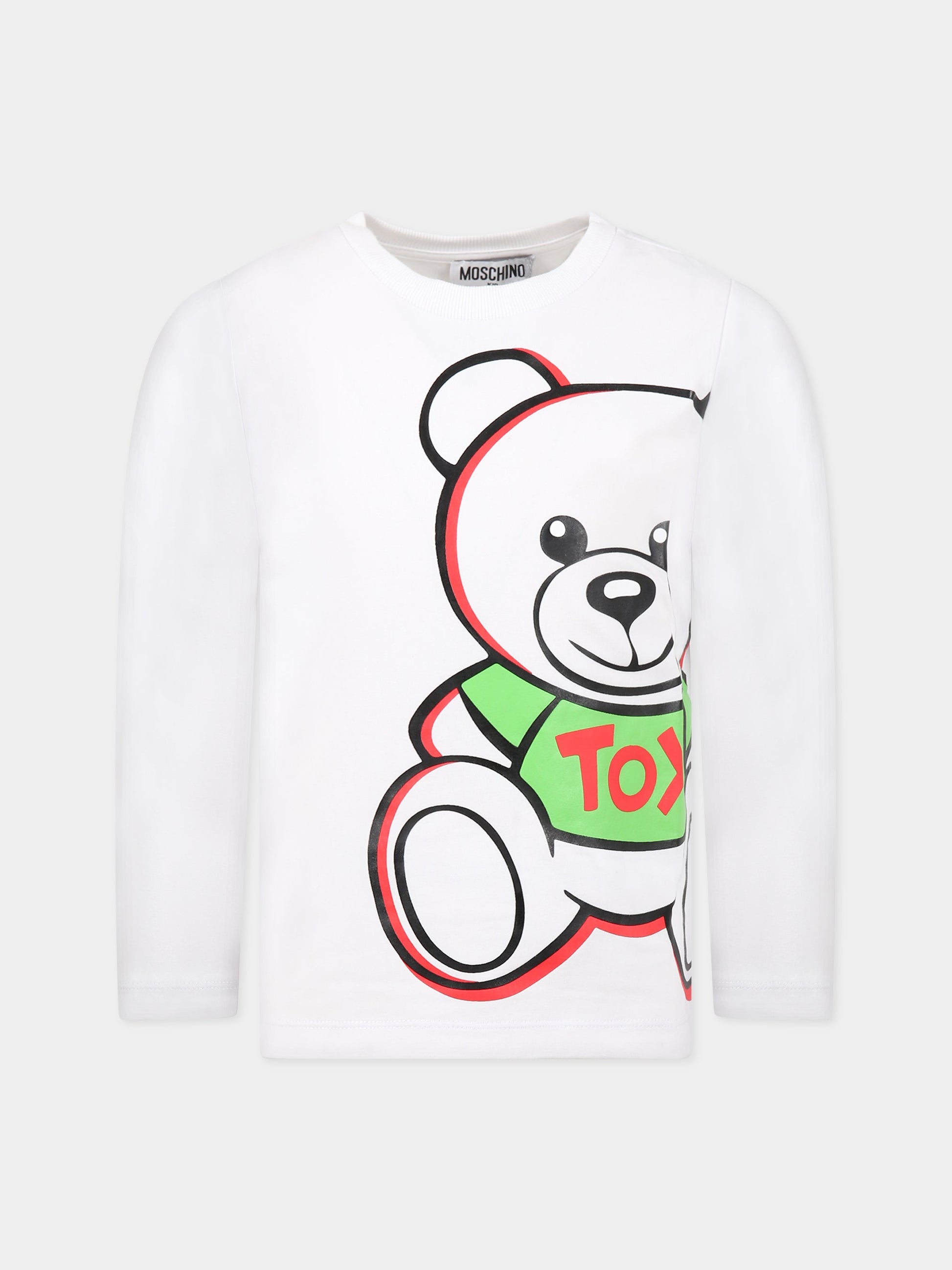 T-shirt bianca per bambini con Teddy bear e logo,Moschino Kids,HUO00K LBA19 10101