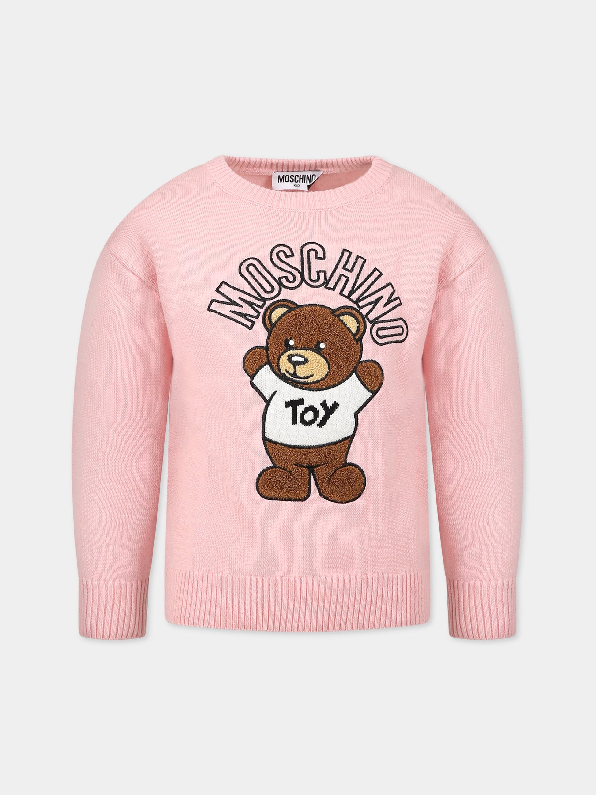 Maglione rosa per bambina con Teddy Bear e logo,Moschino Kids,HUW00T LHE05 50209