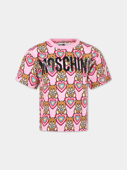 T-shirt rosa per bambina con Teddy Bear, cuore e logo,Moschino Kids,HKM02T LBBA8 82579