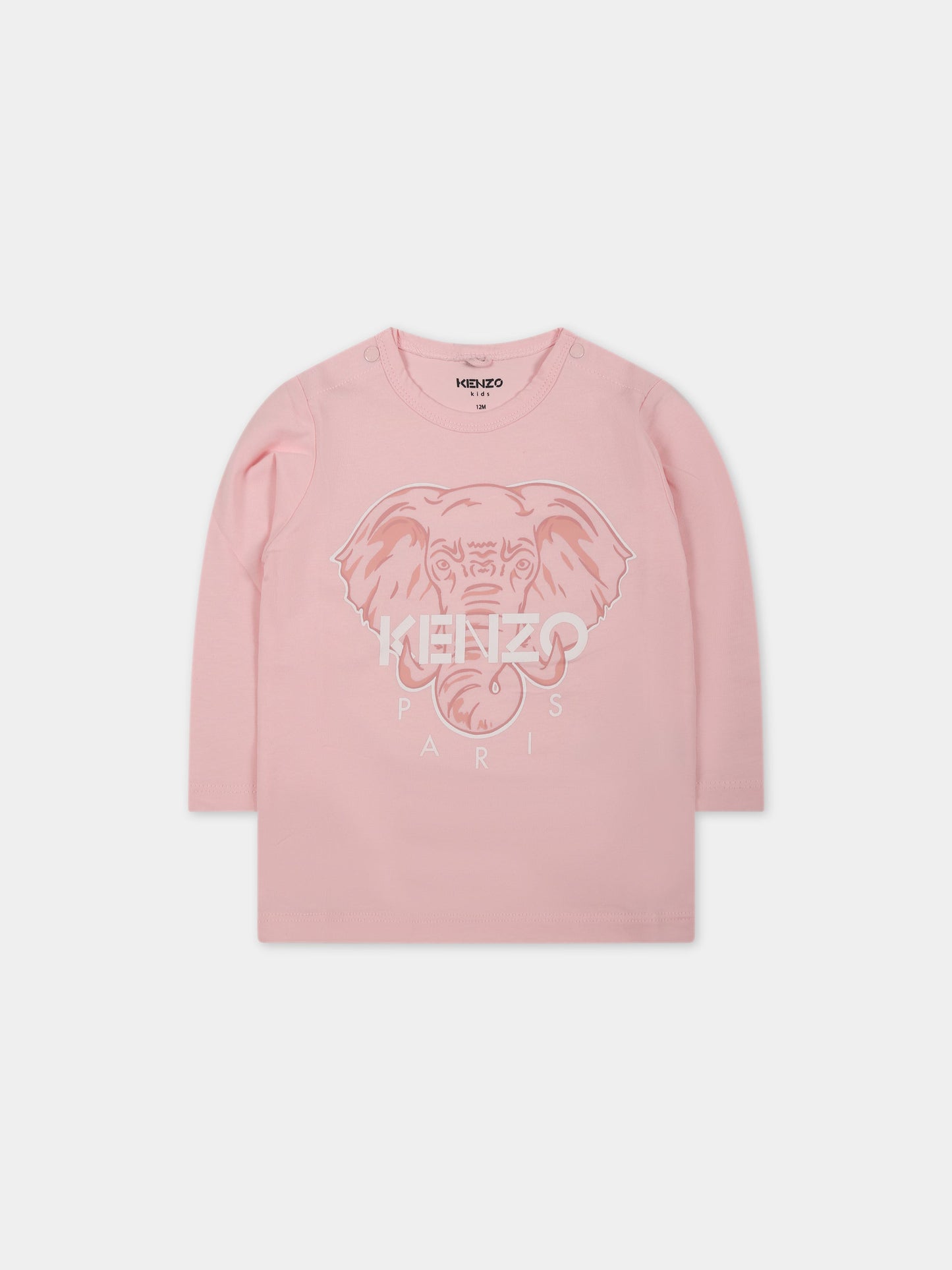 T-shirt rosa per neonata con elefante e logo,Kenzo Kids,K95078 44D