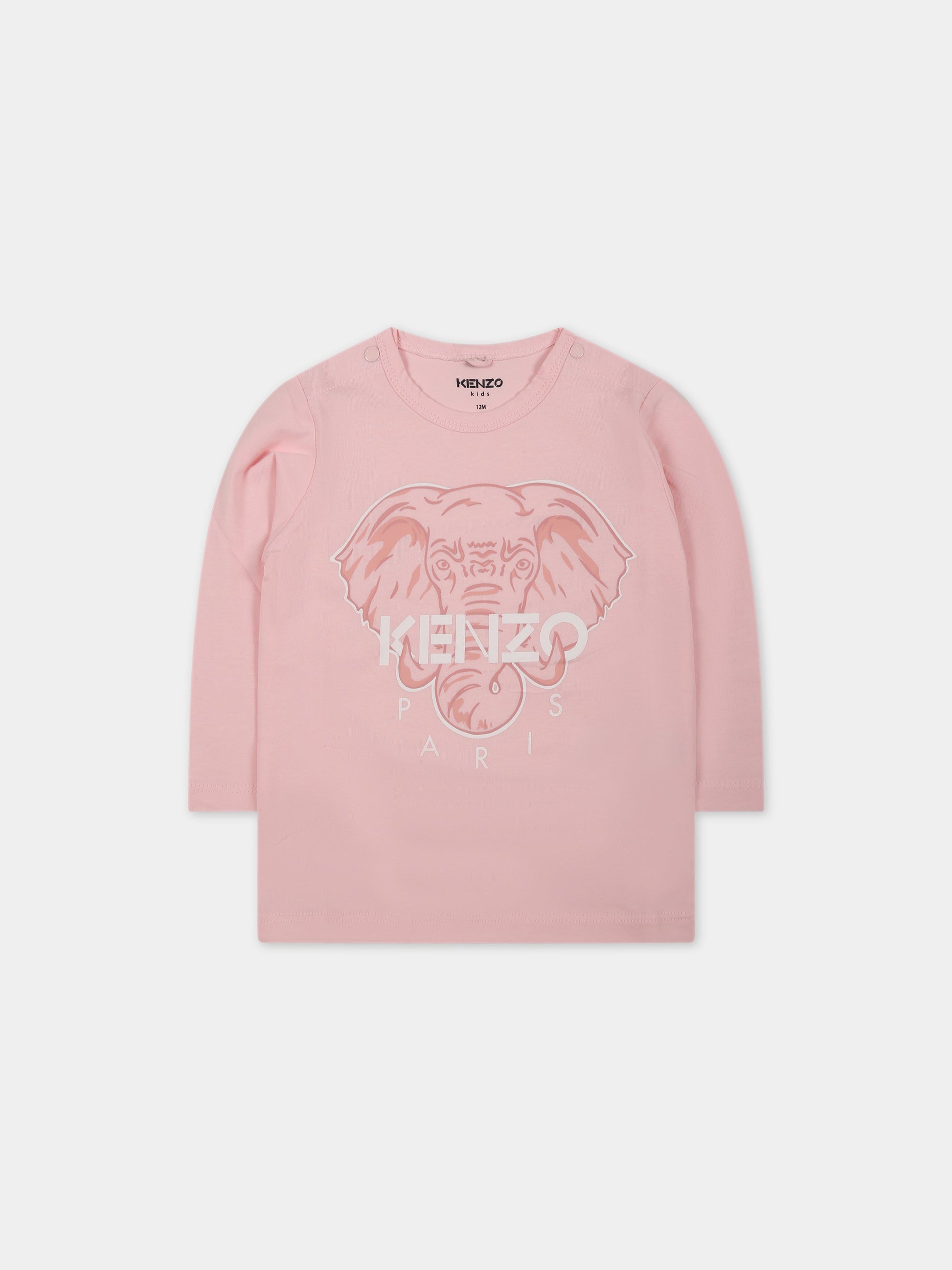 T-shirt rosa per neonata con elefante e logo,Kenzo Kids,K95078 44D