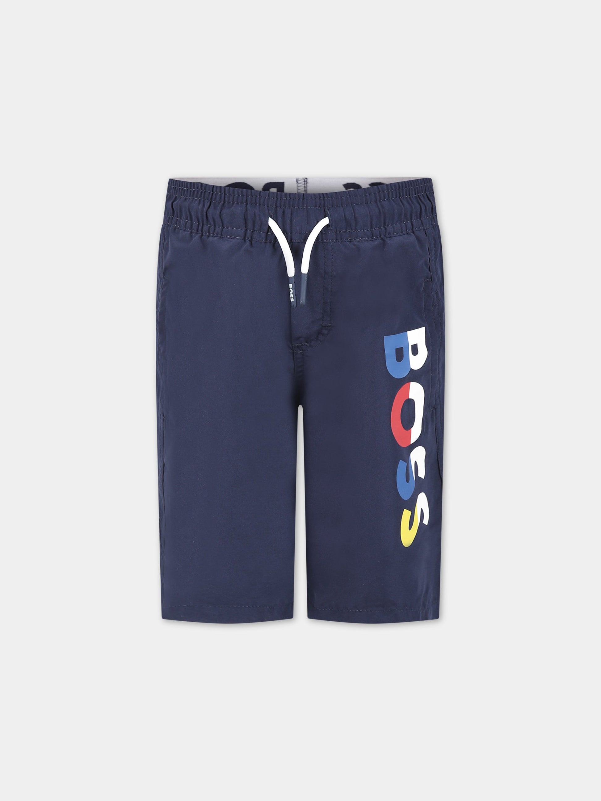 Boxer-mare blu per bambino con logo multicolor,Hugo Boss,J24774 849